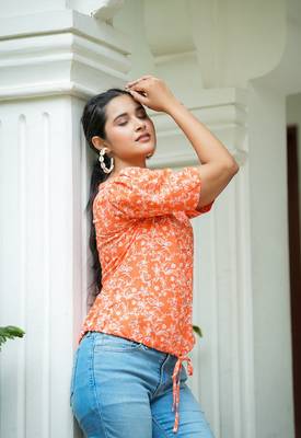 Women'S Floral Printed Regular Top (Orange) 5
