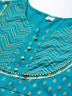 Women'S Plus Size Cotton Floral Printed Anarkali Kurta (Teal) 5