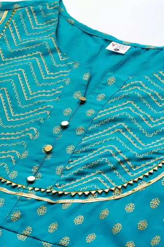 Women'S Plus Size Cotton Floral Printed Anarkali Kurta (Teal)