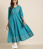 Women'S Cotton Floral Printed Anarkali Kurta (Teal)