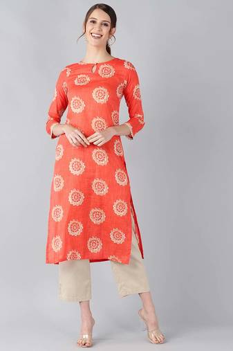 Women orange printed cotton ethnic kurti