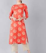 Women orange printed cotton ethnic kurti