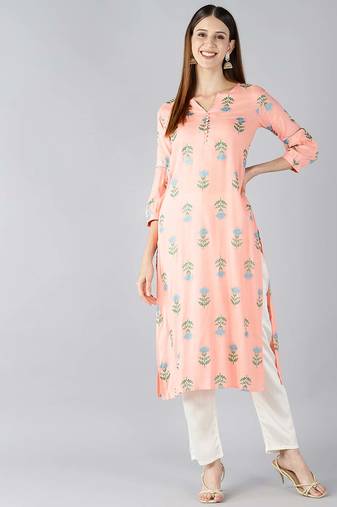 Women peach printed cotton ethnic kurti