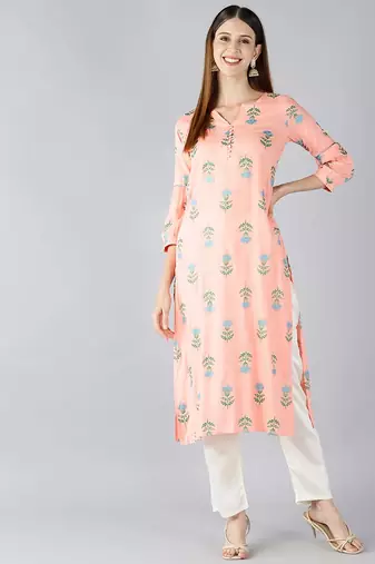 Women peach printed cotton ethnic kurti