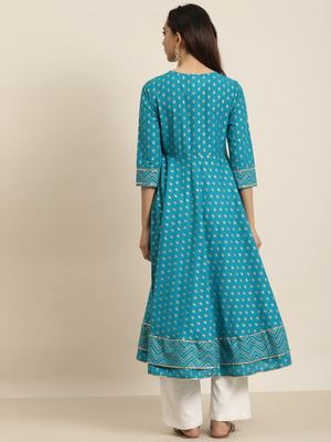 Women'S Cotton Floral Printed Anarkali Kurta (Teal) 2