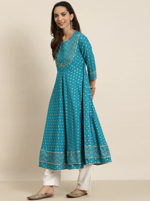 Women'S Cotton Floral Printed Anarkali Kurta (Teal) 3