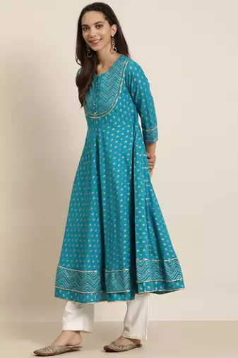 Women'S Cotton Floral Printed Anarkali Kurta (Teal)