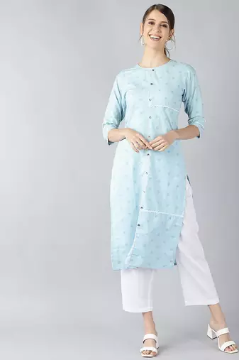 Women blue printed cotton ethnic kurti