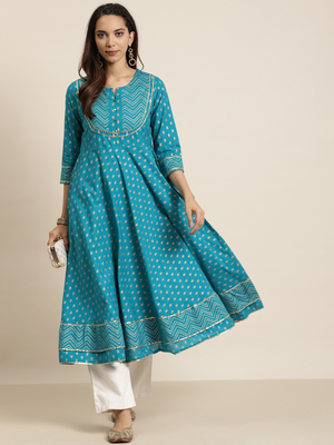 Women'S Cotton Floral Printed Anarkali Kurta (Teal) 4