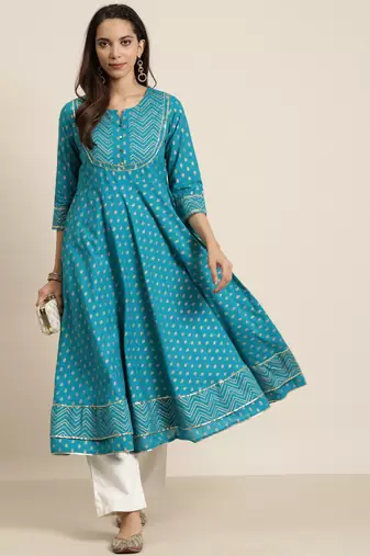 Women'S Cotton Floral Printed Anarkali Kurta (Teal)