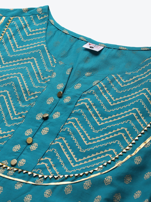 Women'S Cotton Floral Printed Anarkali Kurta (Teal) 5
