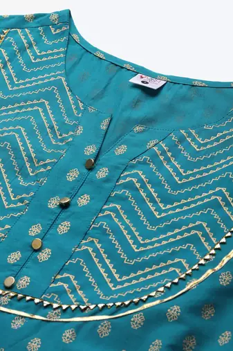 Women'S Cotton Floral Printed Anarkali Kurta (Teal)