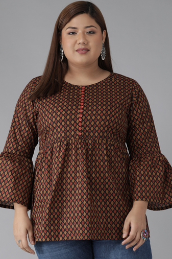 Women'S Cotton Geomatrical Printed Regular Kurti(Black)