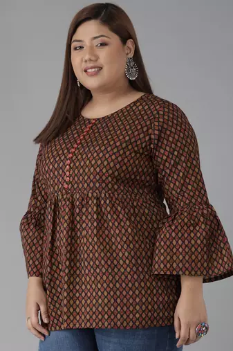 Women'S Cotton Geomatrical Printed Regular Kurti(Black)