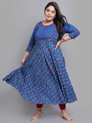 Women'S Plus Size Cotton Floral Printed Pintucks Anarkali Kurti (Blue) 1