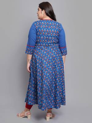 Women'S Plus Size Cotton Floral Printed Pintucks Anarkali Kurti (Blue) 2