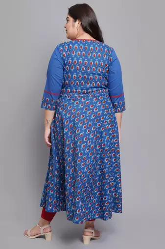 Women'S Plus Size Cotton Floral Printed Pintucks Anarkali Kurti (Blue)