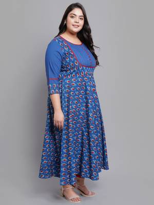 Women'S Plus Size Cotton Floral Printed Pintucks Anarkali Kurti (Blue) 3