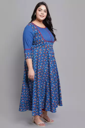 Women'S Plus Size Cotton Floral Printed Pintucks Anarkali Kurti (Blue)