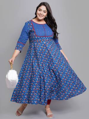 Women'S Plus Size Cotton Floral Printed Pintucks Anarkali Kurti (Blue) 4