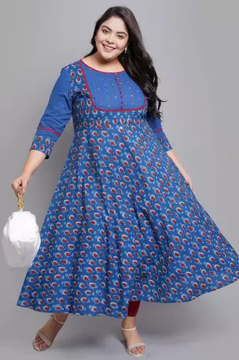 Women'S Plus Size Cotton Floral Printed Pintucks Anarkali Kurti (Blue)