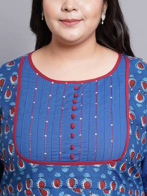 Women'S Plus Size Cotton Floral Printed Pintucks Anarkali Kurti (Blue) 5
