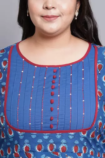 Women'S Plus Size Cotton Floral Printed Pintucks Anarkali Kurti (Blue)