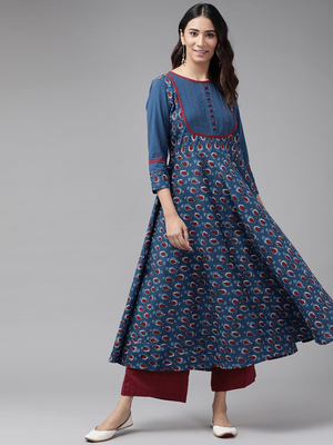 Women'S Cotton Floral Printed Pintucks Anarkali Kurta (Blue) 1
