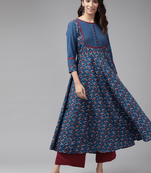 Women'S Cotton Floral Printed Pintucks Anarkali Kurta (Blue)