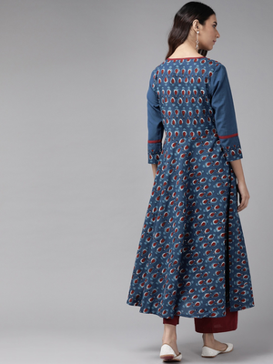 Women'S Cotton Floral Printed Pintucks Anarkali Kurta (Blue) 2