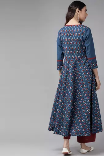 Women'S Cotton Floral Printed Pintucks Anarkali Kurta (Blue)