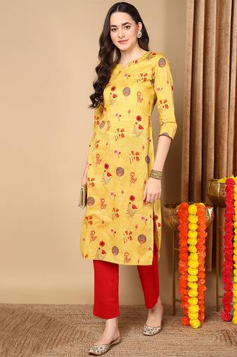 Women yellow printed cotton ethnic kurti