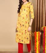 Women yellow printed cotton ethnic kurti