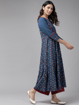 Women'S Cotton Floral Printed Pintucks Anarkali Kurta (Blue) 3