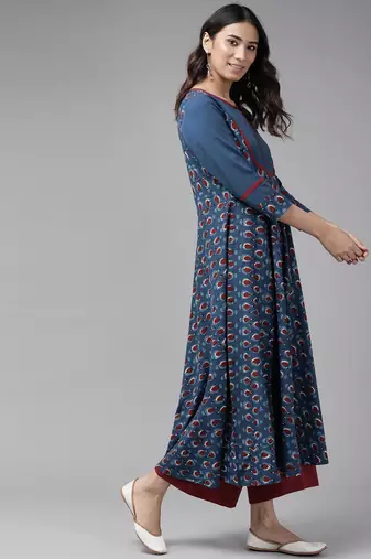 Women'S Cotton Floral Printed Pintucks Anarkali Kurta (Blue)