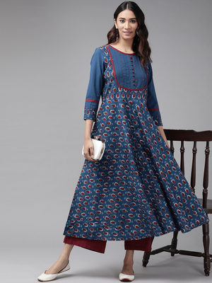 Women'S Cotton Floral Printed Pintucks Anarkali Kurta (Blue) 4