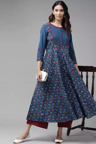 Women'S Cotton Floral Printed Pintucks Anarkali Kurta (Blue)