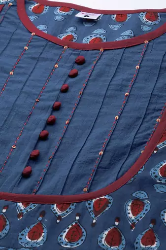 Women'S Cotton Floral Printed Pintucks Anarkali Kurta (Blue)