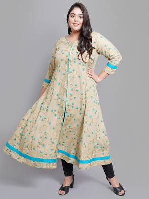 Women'S Plus Size Rayon Floral Printed Anarkali Kurti (Khaki) 1