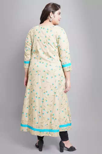 Women'S Plus Size Rayon Floral Printed Anarkali Kurti (Khaki)