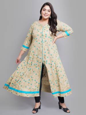 Women'S Plus Size Rayon Floral Printed Anarkali Kurti (Khaki) 3