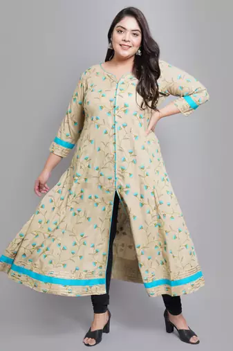 Women'S Plus Size Rayon Floral Printed Anarkali Kurti (Khaki)