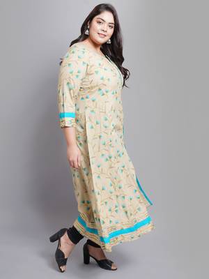 Women'S Plus Size Rayon Floral Printed Anarkali Kurti (Khaki) 4