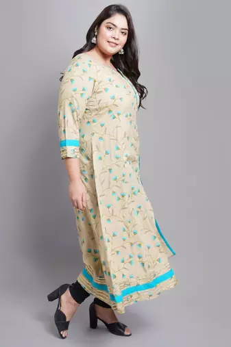 Women'S Plus Size Rayon Floral Printed Anarkali Kurti (Khaki)