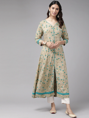 Women'S Rayon Floral Printed Anarkali Kurta (Khaki) 1
