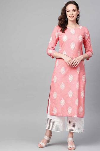 Women pink printed cotton ethnic kurti