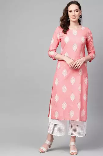Women pink printed cotton ethnic kurti