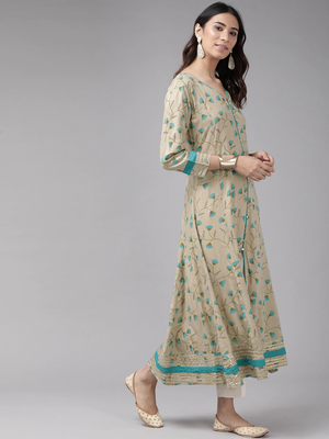 Women'S Rayon Floral Printed Anarkali Kurta (Khaki) 3