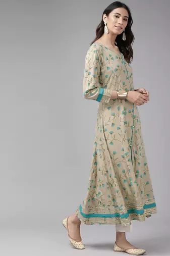 Women'S Rayon Floral Printed Anarkali Kurta (Khaki)