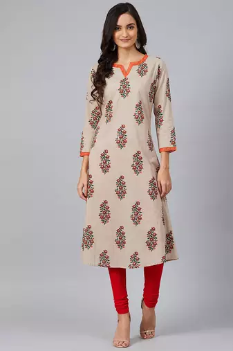 Women beige printed cotton ethnic kurti